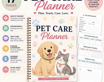 Pet Care Planner Printable PDF | Dog & Cat Health Tracker | Vet Records, Medication Log, Grooming and Expenses | Pet Organizer