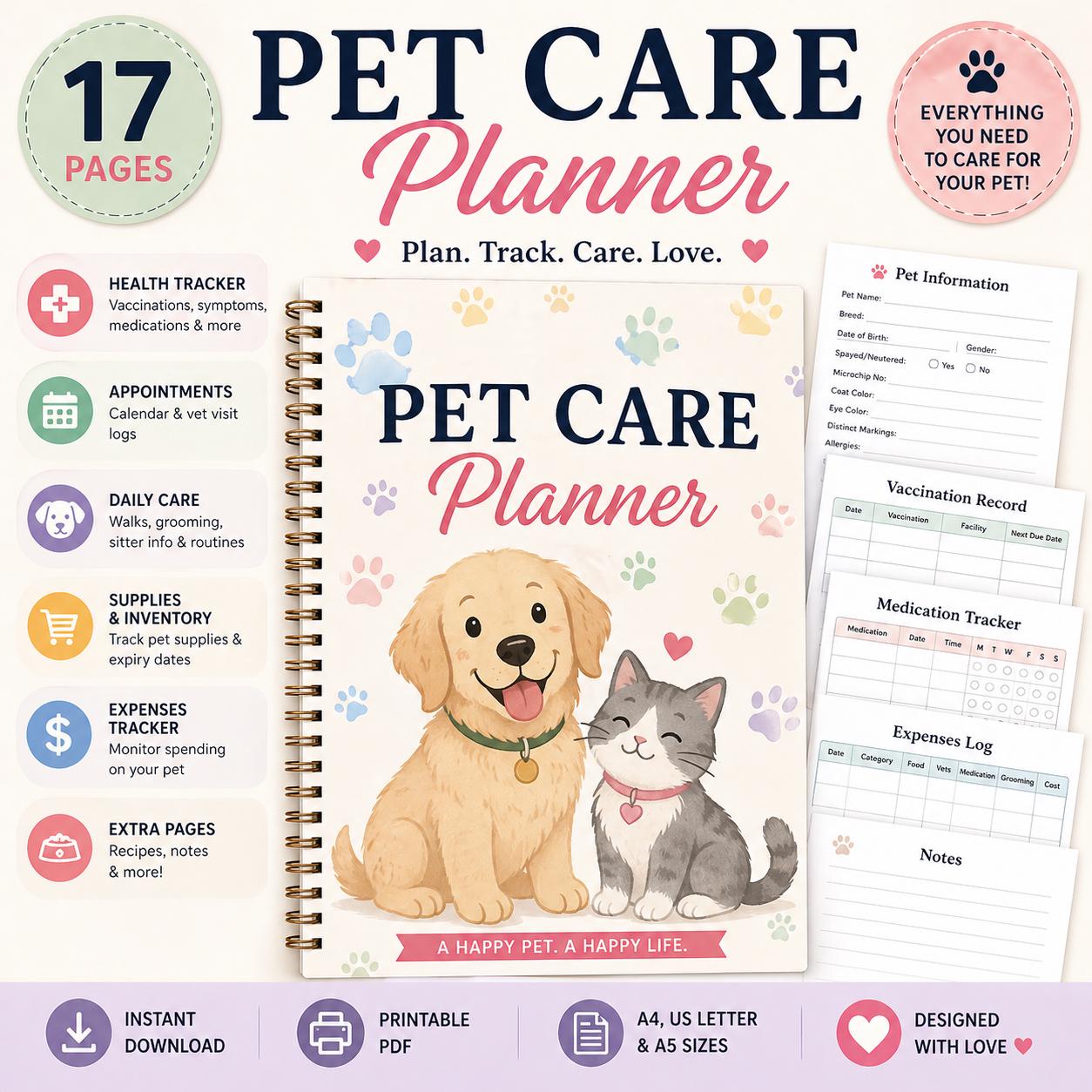Pet Care Planner Printable PDF | Dog & Cat Health Tracker | Vet Records ...