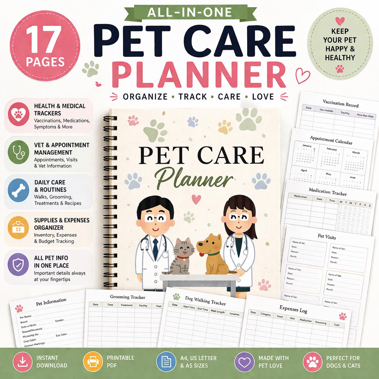 Pet Care Planner Printable PDF | Dog & Cat Health Tracker | Vet Records ...