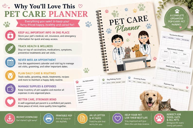 Pet Care Planner Printable PDF | Dog & Cat Health Tracker | Vet Records ...