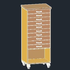 May include: A tall, light brown cabinet with multiple drawers and a lower open shelf. The cabinet has a light yellow frame and sits on small wheels. The drawers are a darker brown color.