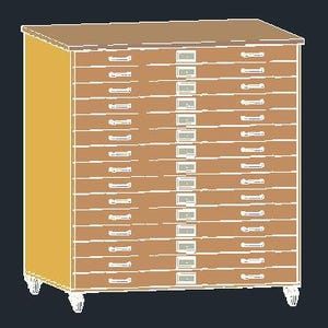 May include: A light brown wooden cabinet with multiple drawers, likely for storage. The cabinet has a rectangular shape with a light brown top and sides. The drawers are arranged in rows and columns, with small handles. The cabinet is on white feet.