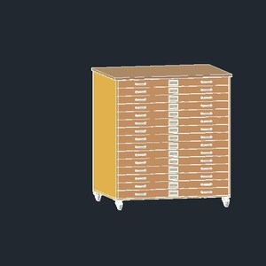 May include: A light brown wooden cabinet with multiple drawers, likely for storage. The cabinet has a rectangular shape with a light brown top and sides. The drawers are arranged in rows and columns, with small handles. The cabinet is on white feet.