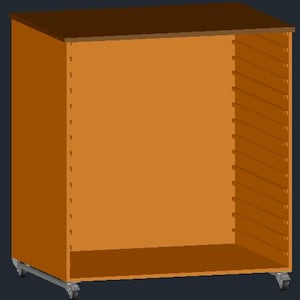 May include: A brown wooden storage cabinet with a dark brown top and a light brown interior. The cabinet has multiple shelves on one side and is mounted on wheels for easy movement. The cabinet is designed for storage.