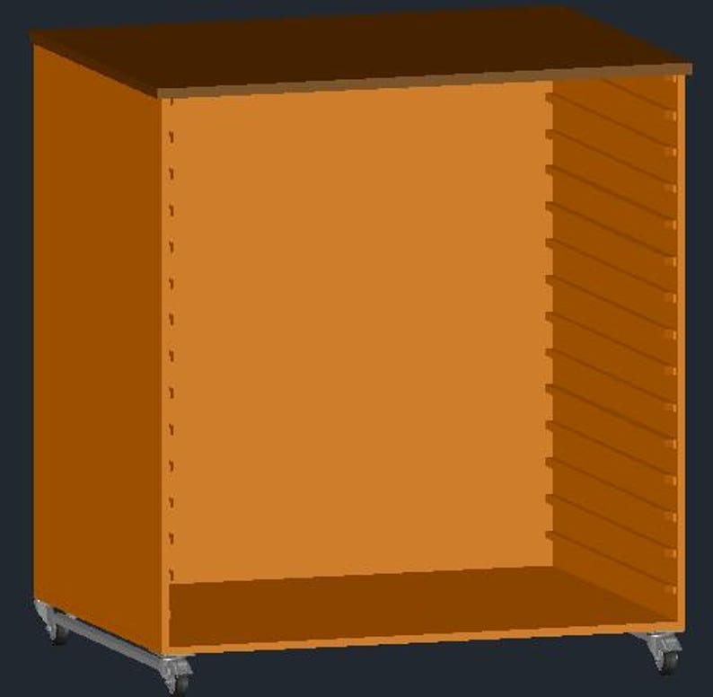 May include: A brown wooden storage cabinet with a dark brown top and a light brown interior. The cabinet has multiple shelves on one side and is mounted on wheels for easy movement. The cabinet is designed for storage.