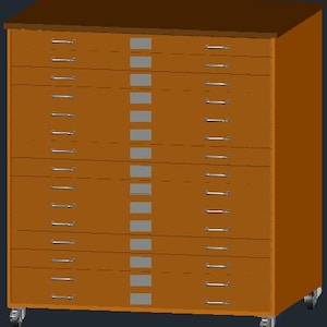 May include: A large, wooden storage cabinet with multiple drawers. The cabinet is a warm brown color with silver handles and sits on small wheels. The top of the cabinet is a darker brown.