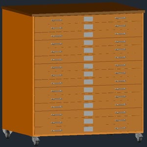 May include: A large, wooden storage cabinet with multiple drawers. The cabinet is a warm orange-brown color with silver drawer pulls and sits on small wheels. The top of the cabinet is a darker brown.