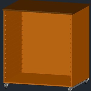 May include: A brown and orange cabinet with a dark brown top. The cabinet has an open front and is on wheels. The interior is orange, and the exterior is brown. The cabinet is designed with a series of vertical slots on the left side.