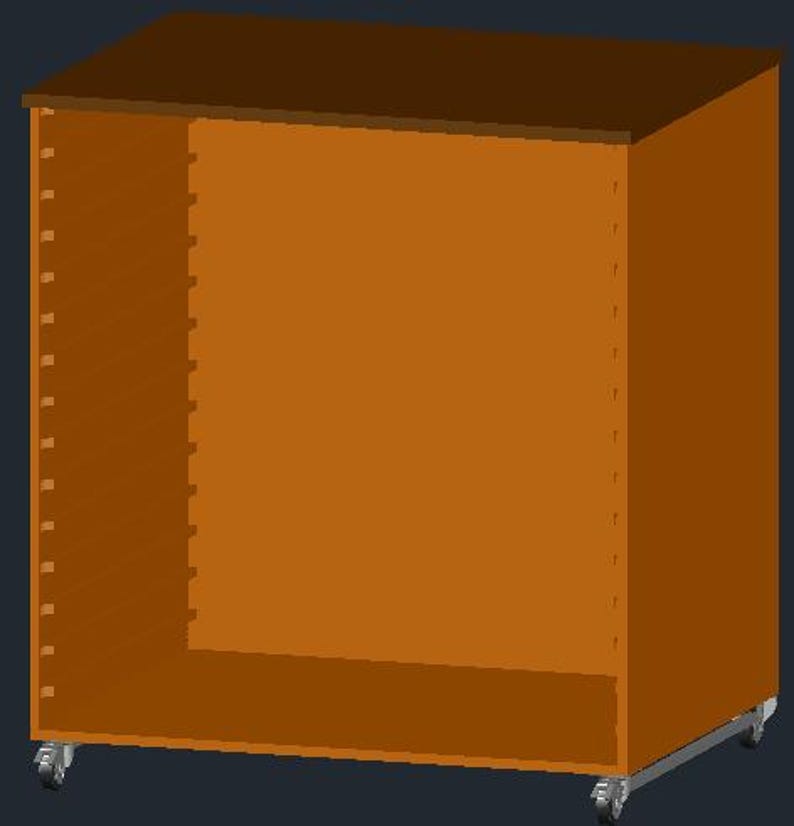 May include: A brown and orange cabinet with a dark brown top. The cabinet has an open front and is on wheels. The interior is orange, and the exterior is brown. The cabinet is designed with a series of vertical slots on the left side.