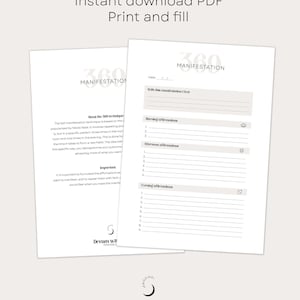 Op de afbeelding: Printbare 360 manifestatie-journal met een grijze achtergrond en zwarte tekst. Het dagboek bevat secties voor affirmaties, ochtend, middag en avond. De tekst "360 Manifestation" staat bovenaan de pagina.