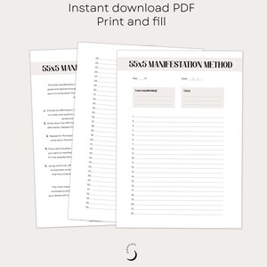 May include: A printable 55x5 manifestation method worksheet with instructions on how to use the method. The worksheet has two columns, one for "I am manifesting" and the other for "I feel".