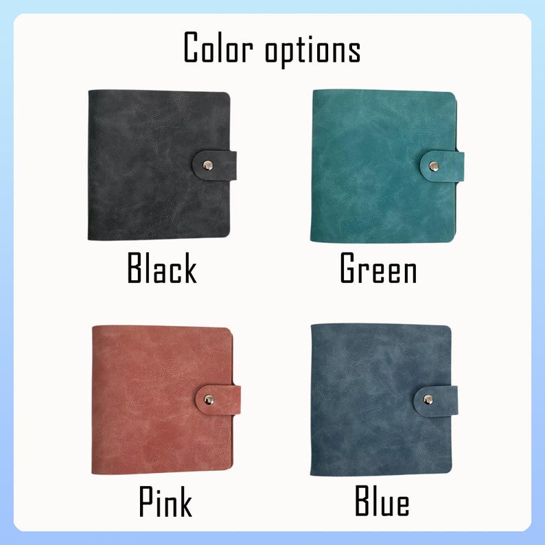 May include: Four square notebooks are displayed, each in a different colour: black, green, pink, and blue. Each notebook features a button closure. The text "Color options" is at the top, with the colour names below each notebook.