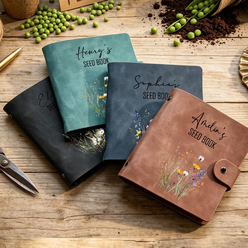 May include: Four personalised seed books in black, teal, navy, and brown. Each book features a floral design and the owner's name with the text "SEED BOOK". The books are arranged on a wooden surface.