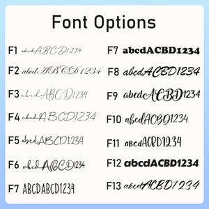 May include: A light blue background with the black text "Font Options". Thirteen font styles are displayed, each with a sample of the alphabet and numbers. The fonts range from cursive to bold, offering a variety of design choices.