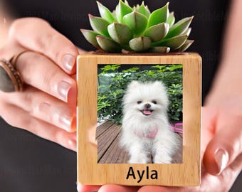 Anpassad kruka för husdjursporträtt, träkruka, gåva för förlust av husdjur, hundkattmammaporträtt, pyrografifoto som skrivbordsdekoration, minnesgåva för husdjur