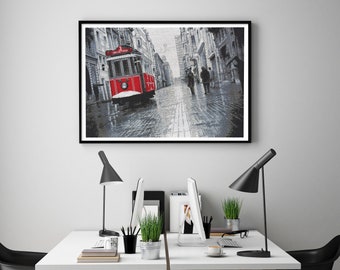 Pintura artística de bordado - Estambul encantada con tranvía rojo | Obra Única 95x65 cm, 175.000 Cuentas de Vidrio