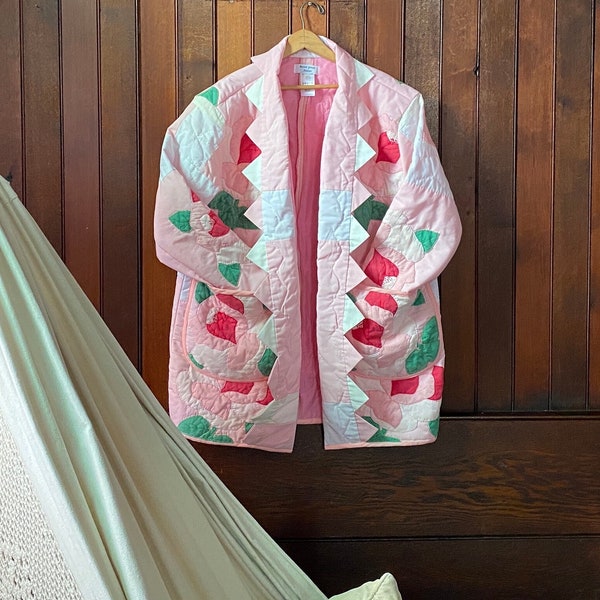 Pink and Floral Applique Pattern Repurposed Quilted Jacket With Fold Over Collar. Medium