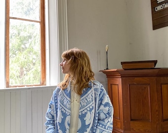 Repurposed Beach Blanket Jacket With Shawl Collar Blue and White Area Rug Pattern