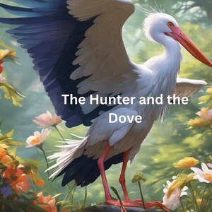 May include: A white bird with a long, orange beak stands in a field of flowers. The bird has blue and white wings and is looking to the right. The text "The Hunter and the Dove" is written in white letters on a black background.