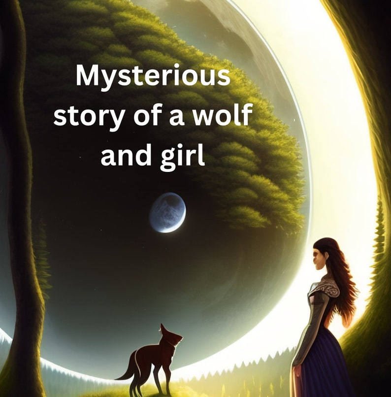 May include: A mysterious story of a wolf and girl, illustrated with a wolf standing in front of a girl in a forest setting. The background features a large, crescent-shaped moon with a smaller, blue planet in the center.