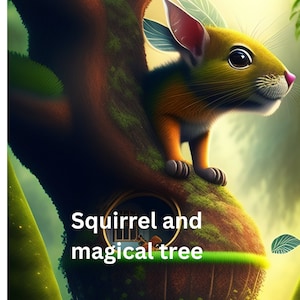 May include: A whimsical illustration of a squirrel with large ears and a bushy tail sitting on a tree trunk. The tree has a small, round window and the text "Squirrel and magical tree" is written below the squirrel.