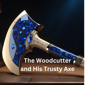 May include: A gold axe with a blue and white handle. The axe head is decorated with blue gemstones. The text "The Woodcutter and His Trusty Axe" is below the axe.