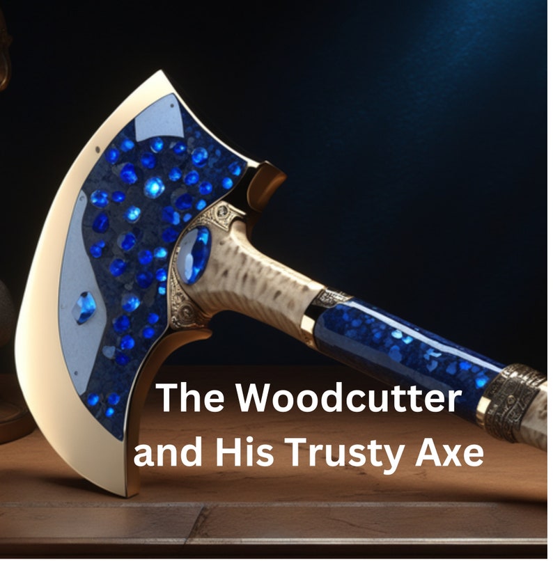 May include: A gold axe with a blue and white handle. The axe head is decorated with blue gemstones. The text "The Woodcutter and His Trusty Axe" is below the axe.