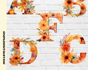 May include: Watercolor clipart bundle of fall alphabet letters A, B, C, D, E and F. Each letter is decorated with autumn leaves, sunflowers, and berries in shades of orange, yellow, and red.