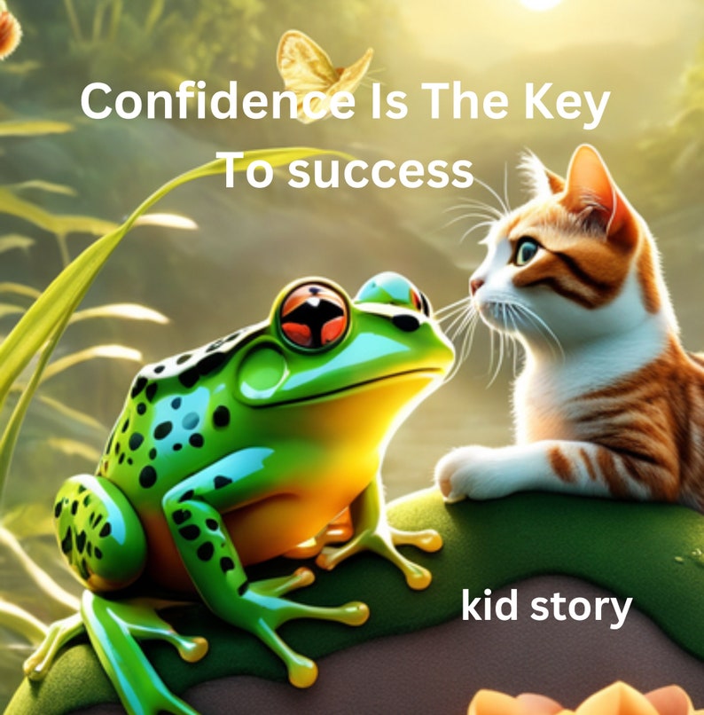 May include: A green frog with red eyes and black spots sits on a green leaf. A white and orange cat with green eyes looks at the frog. The text "Confidence is the key to success" is above the animals. The text "kid story" is below the animals.