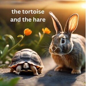 May include: A brown rabbit with long ears looks at a tortoise with its head and legs tucked inside its shell. The tortoise is on a gray surface with green plants and orange flowers in the background. The text "the tortoise and the hare" is written in white letters at the top of the image.