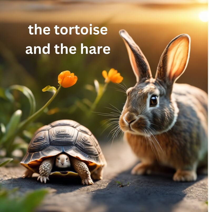 May include: A brown rabbit with long ears looks at a tortoise with its head and legs tucked inside its shell. The tortoise is on a gray surface with green plants and orange flowers in the background. The text "the tortoise and the hare" is written in white letters at the top of the image.