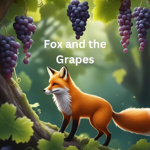 May include: A red fox with a white chest and a bushy tail stands on a tree branch with green leaves. The fox is looking to the left of the image. There are bunches of purple grapes hanging from the branches above the fox. The text "Fox and the Grapes" is written in white letters on a green background.