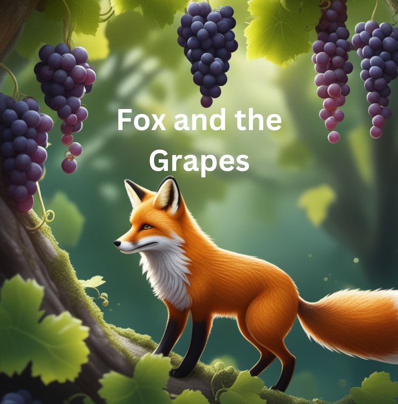 May include: A red fox with a white chest and a bushy tail stands on a tree branch with green leaves. The fox is looking to the left of the image. There are bunches of purple grapes hanging from the branches above the fox. The text "Fox and the Grapes" is written in white letters on a green background.