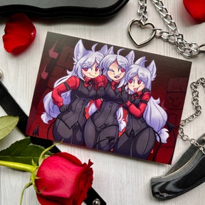 May include: Three anime characters with white hair and red eyes are wearing black suits with red shirts. They are standing in front of a red brick wall.
