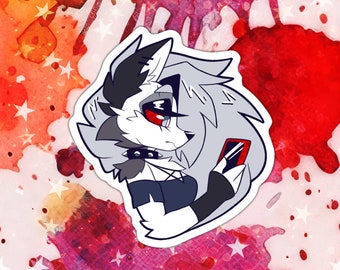 May include: A sticker featuring a cartoon wolf-like character with gray and black fur, wearing a black shirt and holding a red phone. The character has red eyes and a serious expression. The sticker is on a pink and red background with white stars.