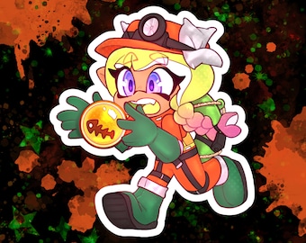 May include: A sticker featuring a cartoon character in an orange jumpsuit, green gloves and boots, and a miner's hat. The character holds a round, yellow object with a fish skeleton design. The background is black with orange and green splatters.