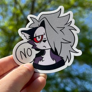 May include: A sticker featuring a cartoon wolf character with gray hair and a black and purple outfit. The character has a red eye and a serious expression. The sticker has a speech bubble that says "NO".