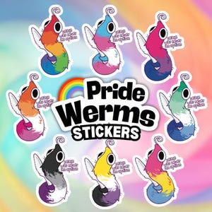 May include: Eight stickers featuring cartoon worm creatures in various pride flag color patterns, each holding a small knife and displaying the text 'peace was never an option'. The central text reads 'Pride Werms STICKERS' with a rainbow icon.