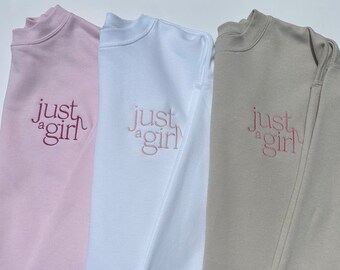 Just A Girl Logo Embroidered Sweatshirt | Branded Chest Logo Crewneck | Feminine Gift for Her