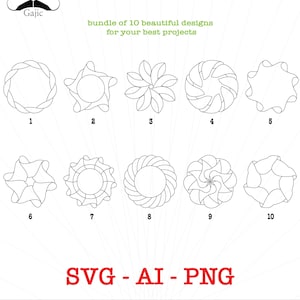 Puede incluir: Un conjunto de 10 diseños geométricos en blanco y negro, numerados del 1 al 10. Los diseños son circulares y presentan varios patrones, incluyendo espirales, estrellas y hojas. El texto "SVG - AI - PNG" está en la parte inferior de la imagen.