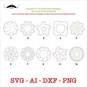 Puede incluir: Un conjunto de 10 diseños geométricos en rojo, verde y azul. Los diseños están numerados del 1 al 10 y están dispuestos en dos filas. El texto "SVG - AI - DXF - PNG" está en la parte inferior de la imagen.