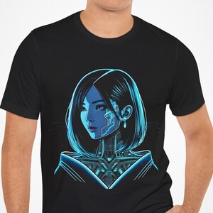 Neon Cyber Beauty Tee | Sci-Fi Aesthetic Top Japanese Illustrator Apparel Cyberpunk Clothing Urban Streetwear Edgy Tech Enthusiast Wear Drip