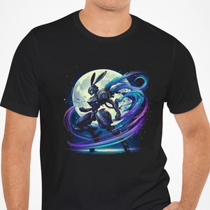 May include: A black t-shirt featuring a graphic print of a blue and purple anime character with bunny ears standing in front of a full moon.