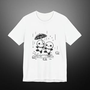 Rainy Day Joy T-Shirt | Minimalist Whimsical Art Playful Puddle Jump Scene Fun Rain Adventure Wear Cute Casual Tee Umbrella Romance Elements