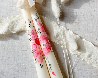 Coral Rose Spray Handpainted Tapered Candles