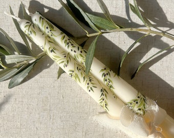 Olive Branch Handpainted Tapered Candles