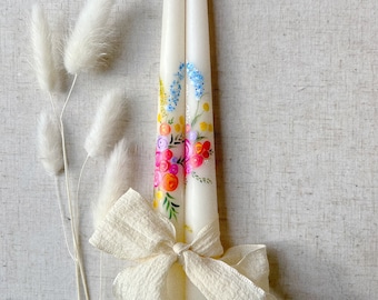 Bright Wildflower Spray Handpainted Tapered Candles