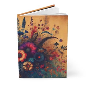 May include: A hardcover book with a tan cover featuring a vibrant floral illustration. The artwork displays a dense arrangement of colorful flowers and foliage in shades of deep purple, bright orange, red, and blue against a warm, aged background.
