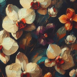 May include: A close-up of a painting featuring a bouquet of flowers. The flowers are a mix of white, purple, orange, and yellow. The flowers are painted in a realistic style with visible brushstrokes.