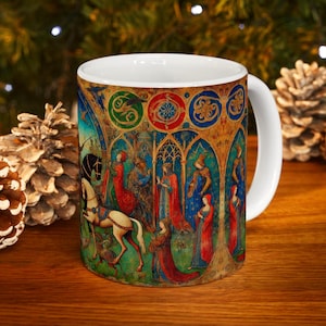 Caneca de cerâmica medieval estilo Bayeux, presente histórico de xícara de café, caneca de chá, decoração de cozinha exclusiva, caneca de 11 onças e 15 onças, feira renascentista